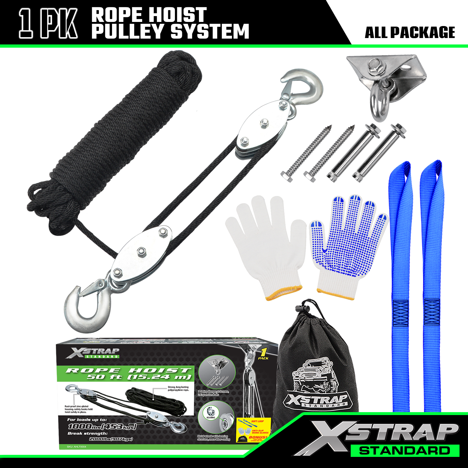 Xstrap AHLT0004 Sustav remenica za dizalicu od 50 stopa 1000 LB