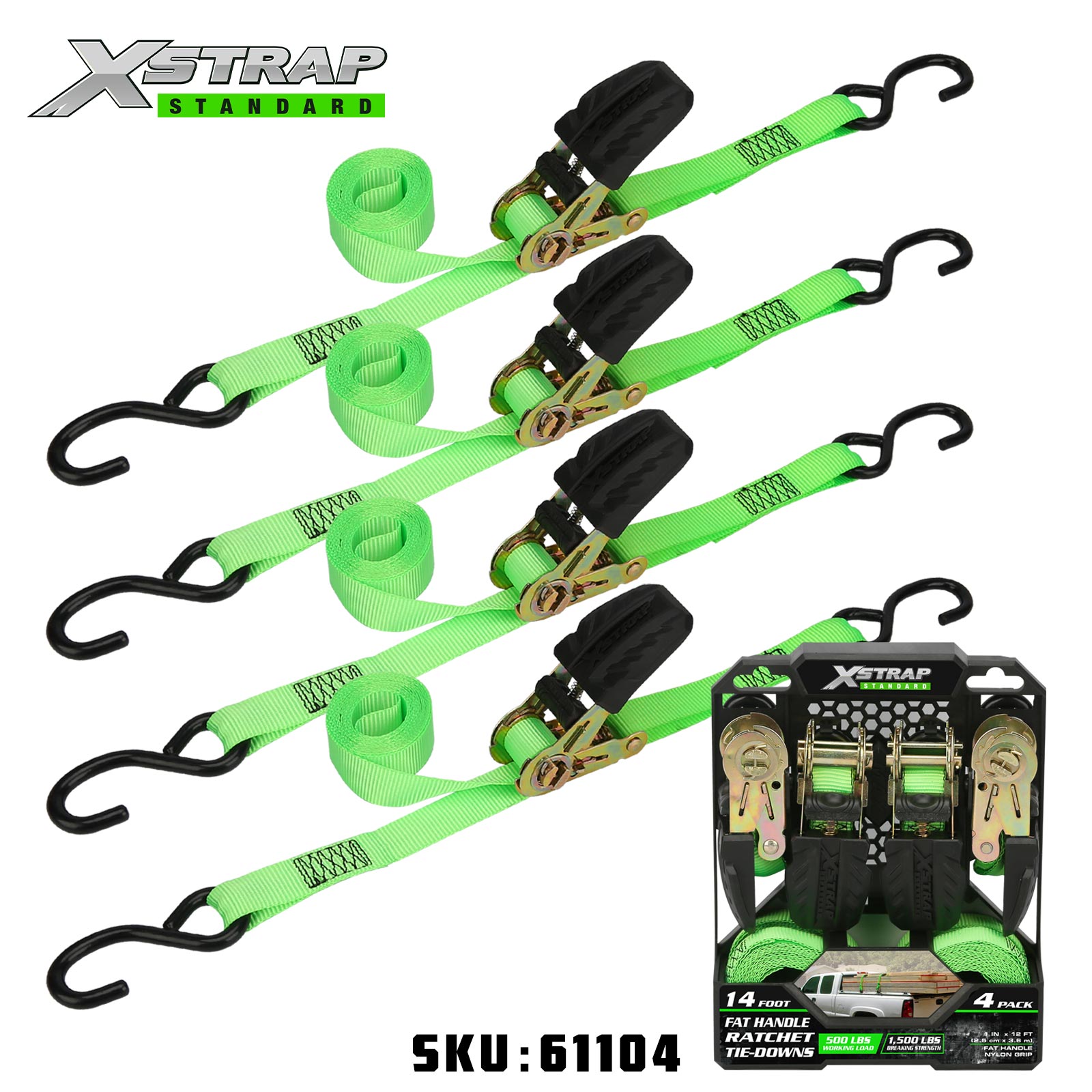 Xstrap 61104 1” x 12’ 4PK Ratchet Tie Down 500 lb SWL