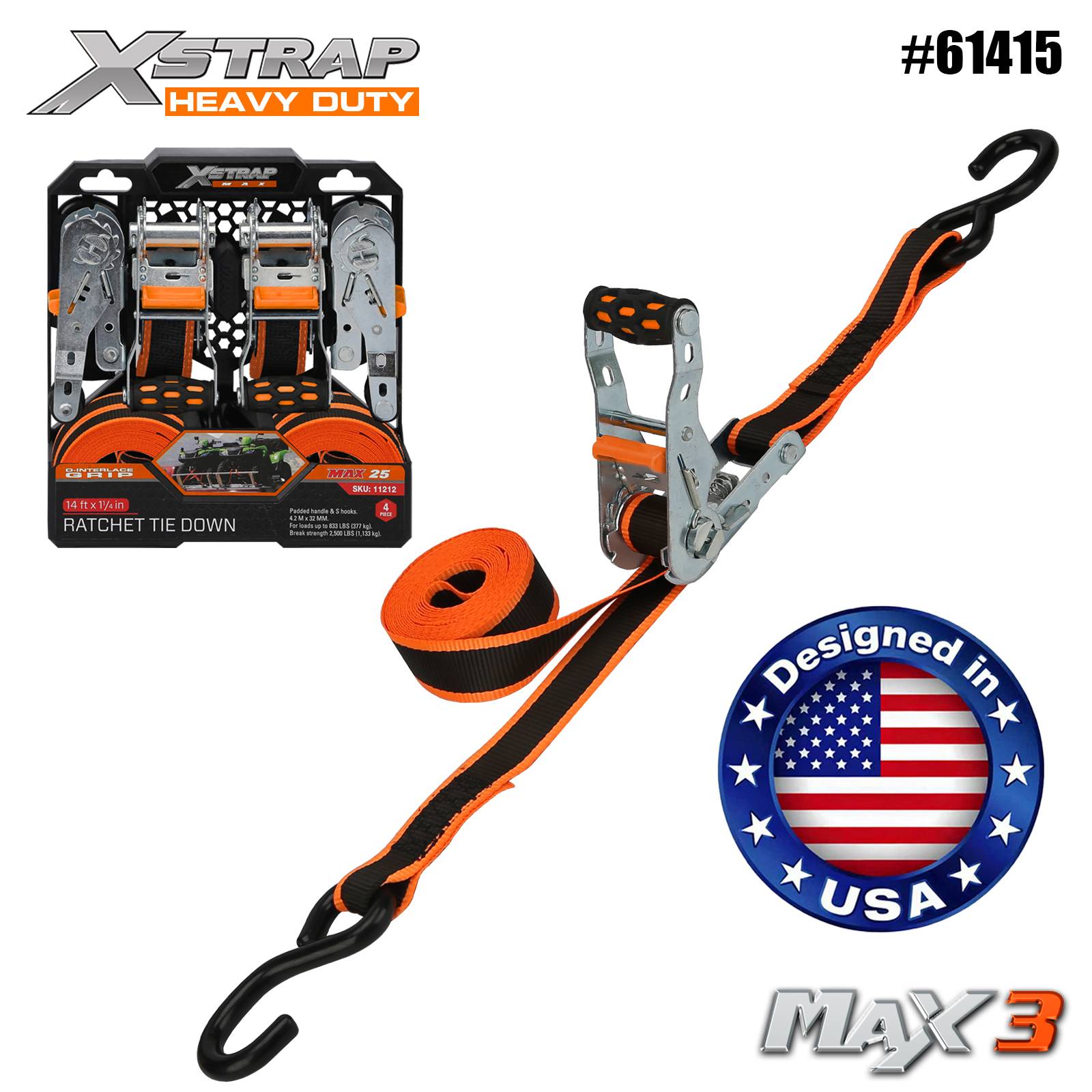 Xstrap 61415 1-1/4” x 14’ 4PK Ratchet Tie Down 1000 lb SWL