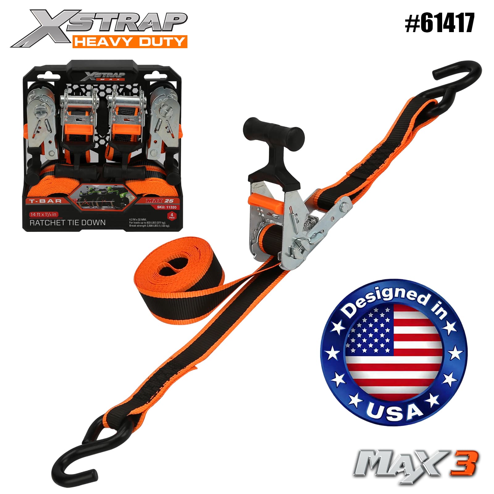 Xstrap 61417 1-1/4 ” x 14’ 4PK T-Bar Ratchet Tie Down 1000 lb SWL