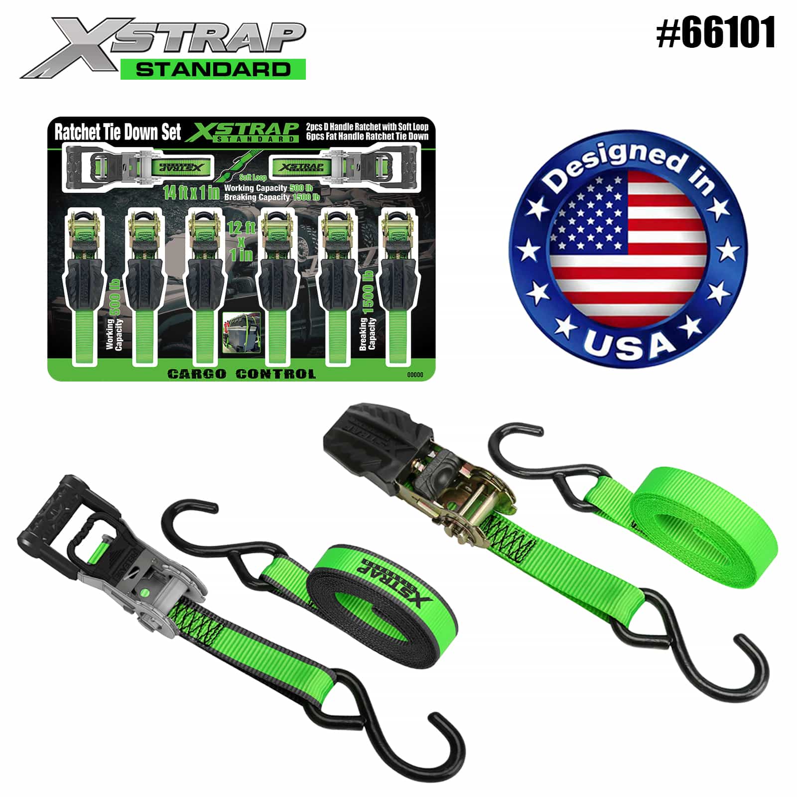 Xstrap 66101 1” x 14’ 2PK čegrtaljka s D ručkom s mekom petljom 500 lb SWL i 1” x 12’ 6PK čegrtaljka s ravnom ručkom za vezivanje 500 lb SWL