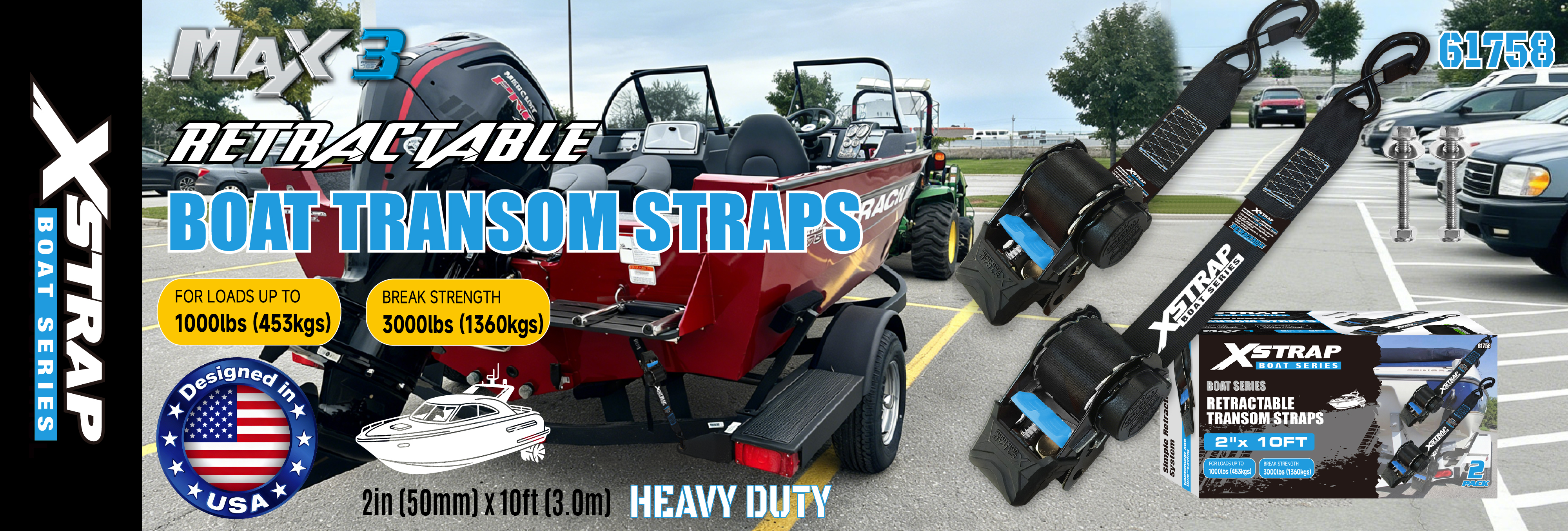 Xstrap 61758 Trake za krmeno zrcalo koje se uvlače sa sigurnosnim kukama 1000 LB SWL